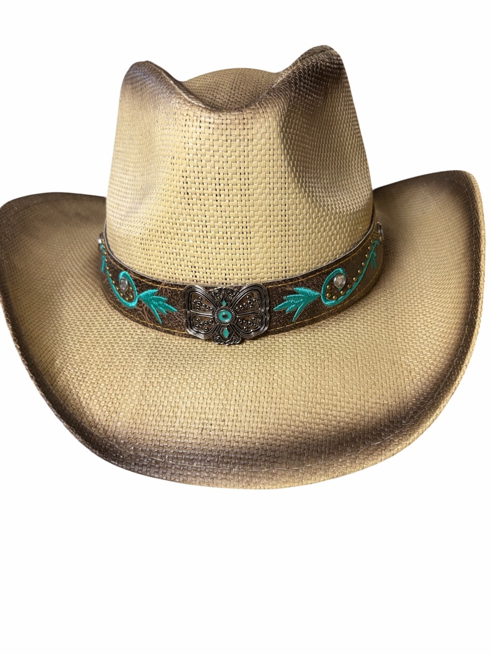 Western hat distressed straw turquoise bloom & butterfly Concho band NWT